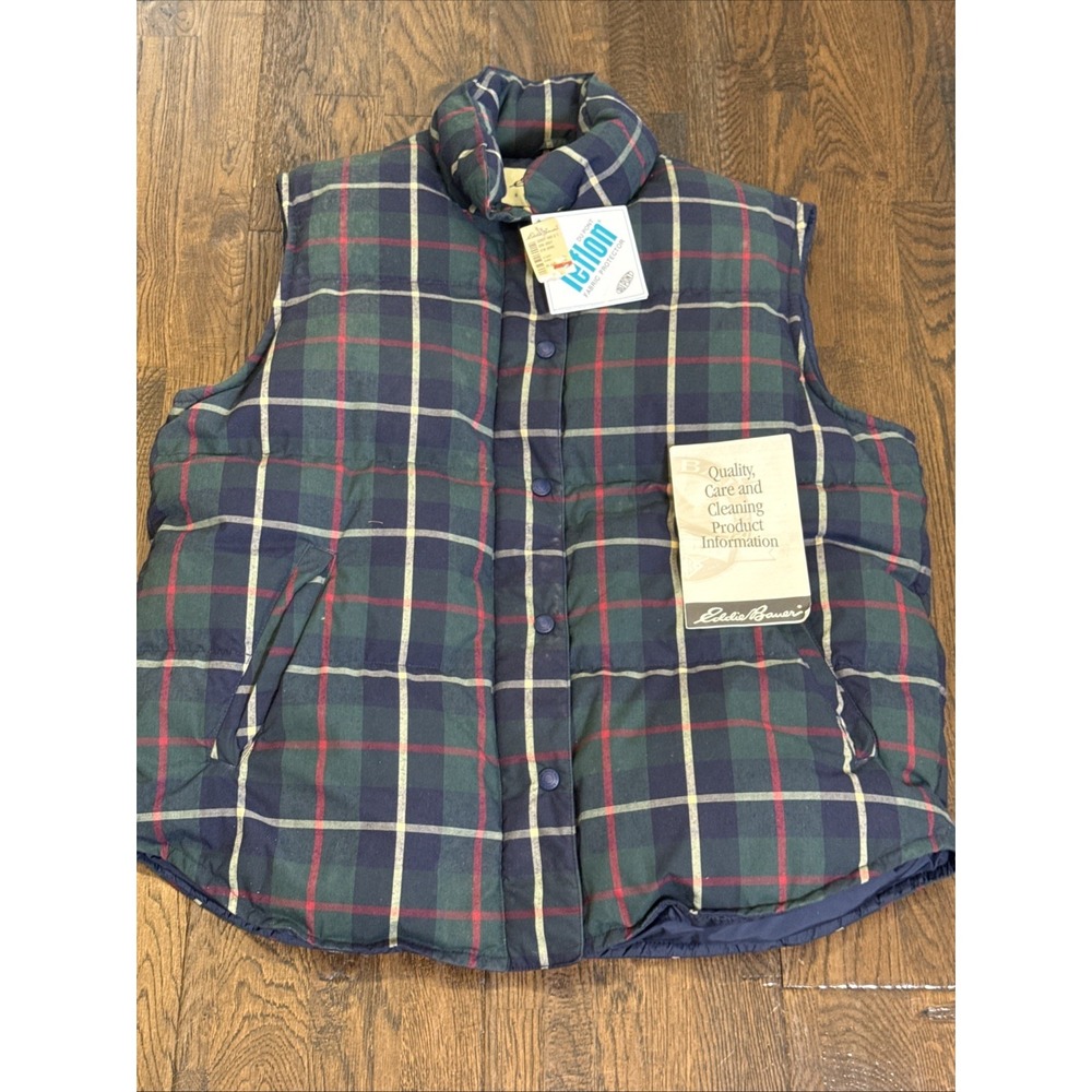 Eddie Bauer Vintage 90s Goose Down Vest Teflon Plaid 550 Fill NOS Women L